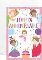 Carte double anniversaire petites filles ballerines, ballons et gâteau d'anniversaire