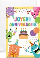 Carte double anniversaire animaux joyeux, ballons et gâteau d'anniversaire