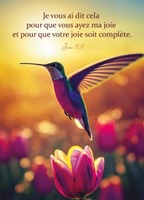 Carte postale avec verset colibri au dessus de fleurs