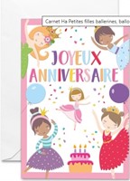 Carte double anniversaire petites filles ballerines, ballons et gâteau d'anniversaire