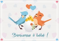 Carte double naissance couple d'oiseau et leur poussin dessinés