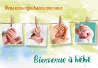 Carte double naissance couple photos suspendues à un fil