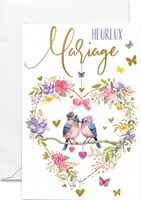 Carte double mariage couple d'oiseaux au milieu d'un coeur