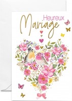 Carte double mariage couple d'oiseaux au milieu d'un coeur fleuri rose
