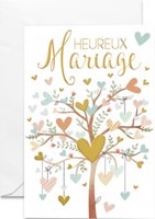 Carte double mariage arbre vieux rose avec coeurs assortis et dorés