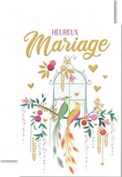 Carte double mariage Oiseaux coeurs dorés