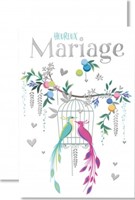 Carte double mariage oiseaux coeurs argentes