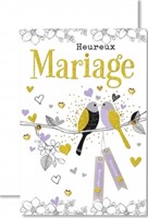 Carte double mariage couple d'oiseaux violet et doré