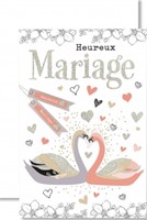 Carte double mariage couple de cygnes saumon et argentés