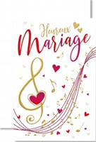 Carte double mariage note de musique dorée et coeurs rouges