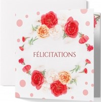 Carte double mariage couronne de roses sur fond blanc