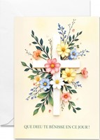 Carte double communion composition avec croix et fleurs