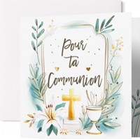 Carte double communion motifs floraux blancs, croix et coupe