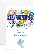 Carte double communion colombe et fleurs colorées