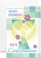 Carte double confirmation calice en dégradé vert et jaune avec fleurs violettes