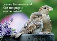 Mini carte couple d'oiseaux et fleurs violettes