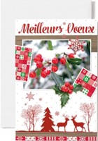 Carte double fin année houx, cerfs texte et dessin scintillants rouge