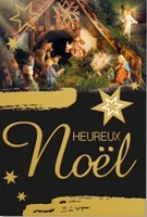 Carte double noël crèche et étoiles dorées sur fond noir