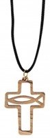 Collier 65 cm croix en bois d'olivier avec ichtus