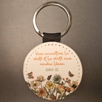 Porte-clés rond fleurs papillon blanc
