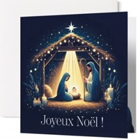 Carte double noël crèche de noël bleue et dorée