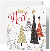 Carte double Noël arbre décoré, cadeaux et étoiles dorées