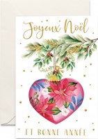 Carte double Noël et fin d'année suspension coeur fleuri sur branche verte