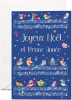 Carte double Noël et fin d'année oiseaux et notes de musique sur fond bleu