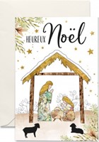 Carte double Noël crèche illustrée, branches vertes et étoiles dorées