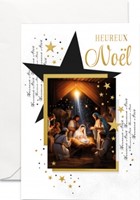 Carte double Noël crèche dans un tableau et étoiles dorées