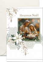 Carte double Noël Marie, Joseph et Jésus feuilles dorées