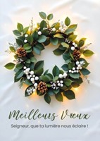 Carte postale bonne année couronne végétale sur fond blanc