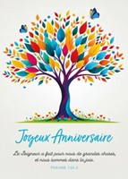 Carte postale anniversaire avec verset arbre multicolore et papillons dessinés