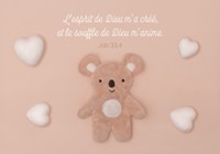 Carte postale avec verset ourson en peluche et cœurs