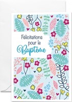 Carte double baptême motif floral sur fond bleu