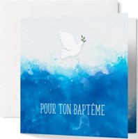 Carte double baptême eau en aquarelle et colombe avec branche d'olivier