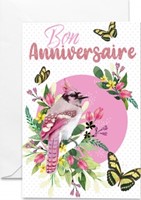 Carte double anniversaire Oiseau, fleurs et papillons sur fond rose