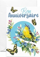 Carte double anniversaire oiseau, fleurs et papillons sur fond bleu