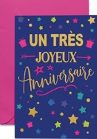 Carte double anniversaire  étoiles multicolores sur fond bleu foncé