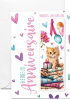 Carte double anniversaire marque-page chaton avec ruban rose, ballons et cœurs multicolores