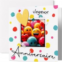 Carte double anniversaire emojis colorés, cœur jaune feutrine