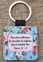 Porte-clés carré roses fond bleu
