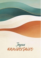 Carte postale anniversaire vagues beiges et turquoises avec dorures