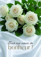Carte postale mariage bouquet de roses blanches sur du satin