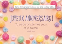 Carte postale anniversaire avec verset bonbons sur fond couleur pêche