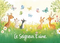 Carte postale pour les enfants avec message animaux des bois et papillons dans un champ