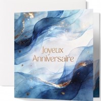 Carte double anniversaire ondulations bleues et paillettes dorées