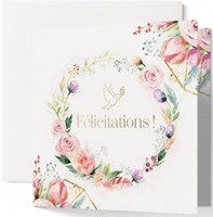 Carte double communion couronne florale et colombe dorée