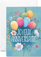 Carte double anniversaire ballons et fleurs sur fond bleu