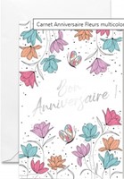 Carte double anniversaire fleurs multicolores dessinées sur fond blanc